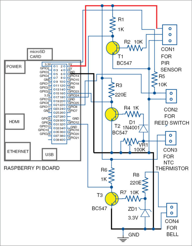 Circuit of the IoT based notification system using RPi